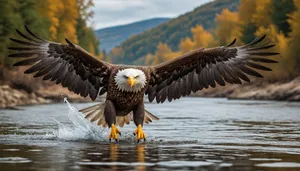 Bald eagle flying over water with outstretched wings