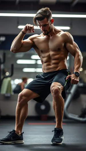 Attractive male model showing muscular chest in studio portrait.