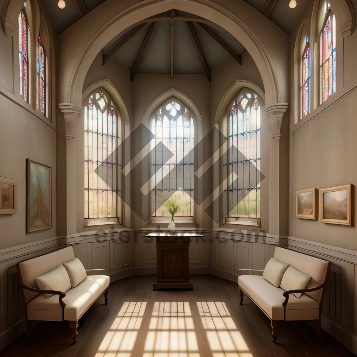 Picture of Modern Wood-Framed Anteroom with Cathedral Window