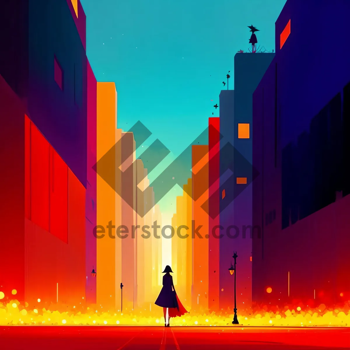 Picture of Cityscape Silhouette: Bright Business Presentation with Flag