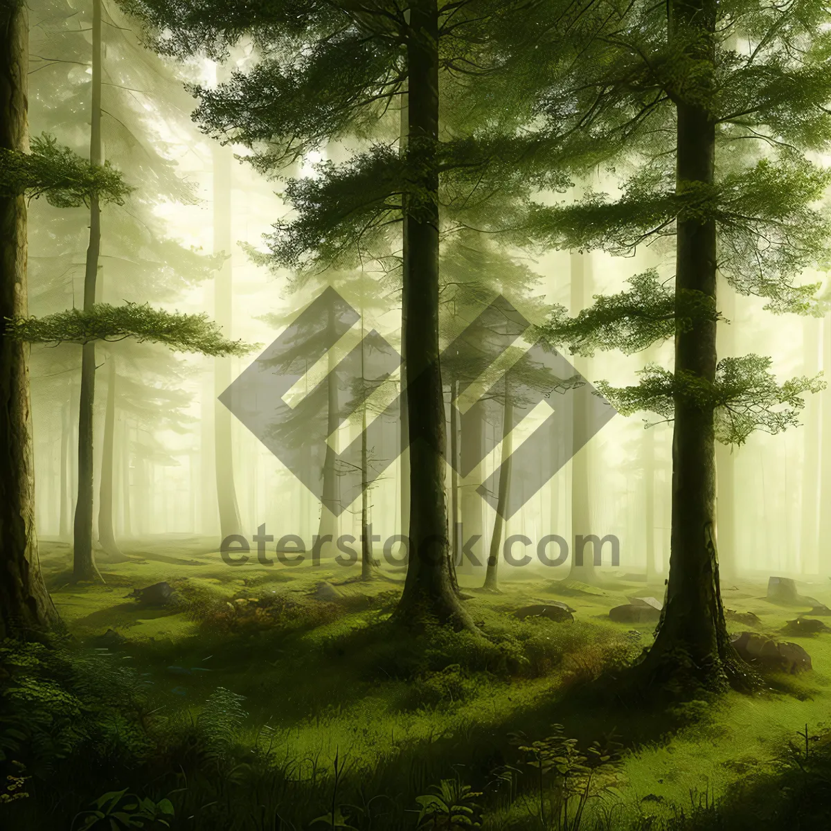 Picture of Serene Forest Path with Sunlight Filtering Through Mist