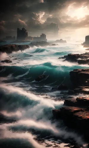 Tropical island beach with crashing waves on rocks