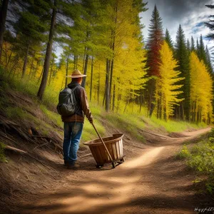 Autumn Farmer's Shopping Cart in Forest Landscape