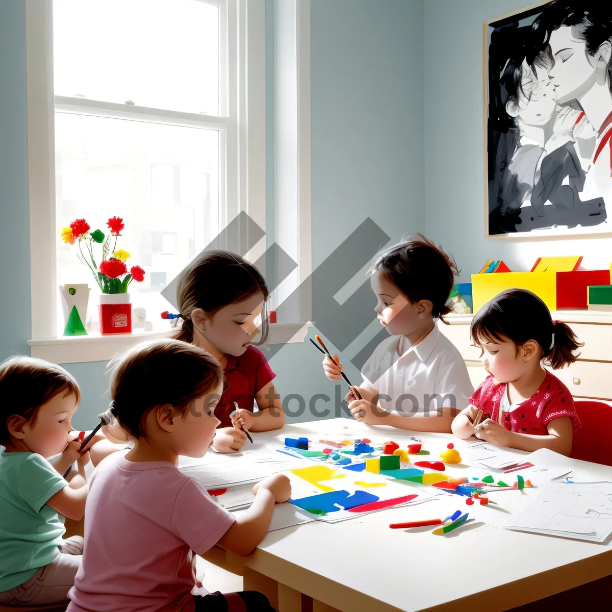 Picture of Happy family in classroom with teacher and students