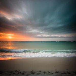 Sunset Beach Horizon with Silhouetted Waves