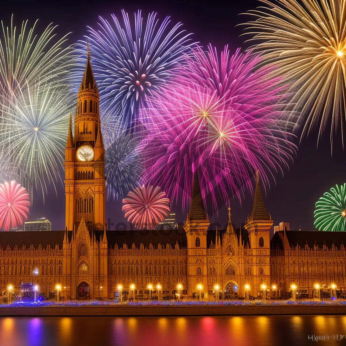 Picture of City Night Sky Fireworks Burst Celebration