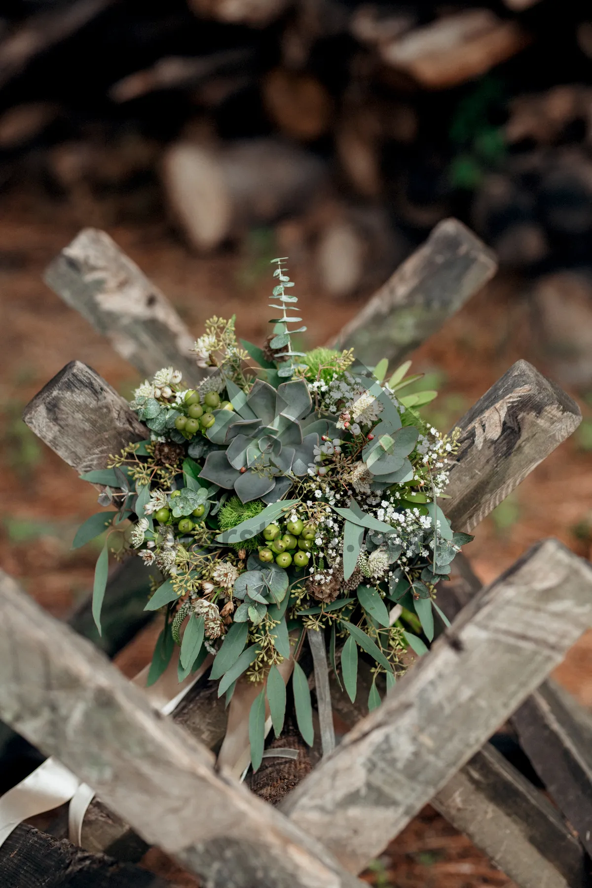 Picture of Spring bridal bouquet with flowers and leaves decoration.