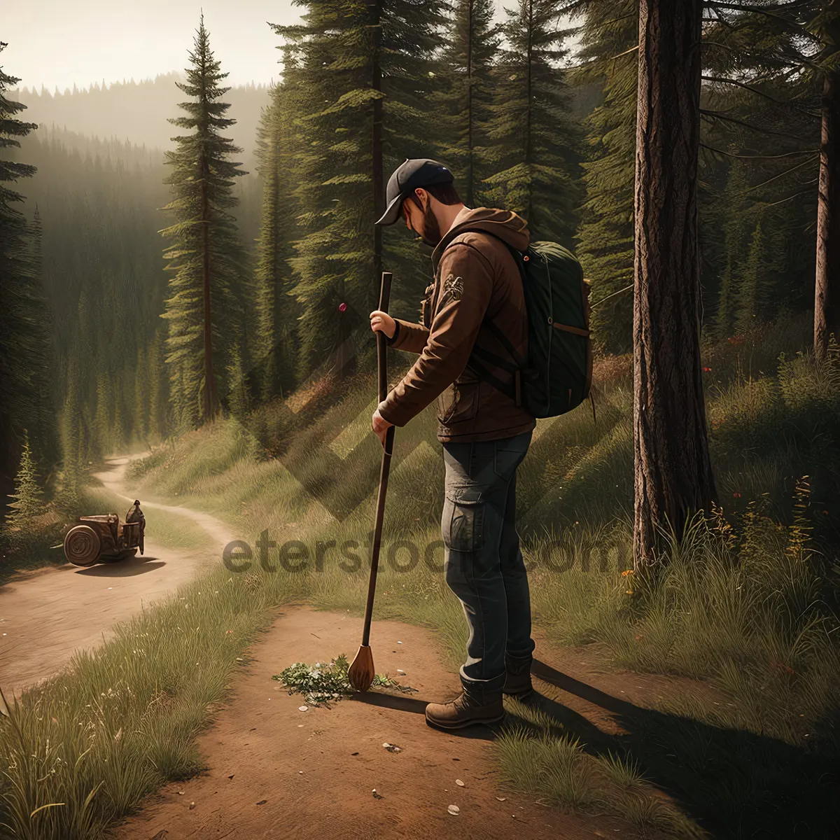 Picture of Active Man Golfing with Shovel and Rake