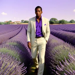 Summer joy amidst lavender field with happy man.