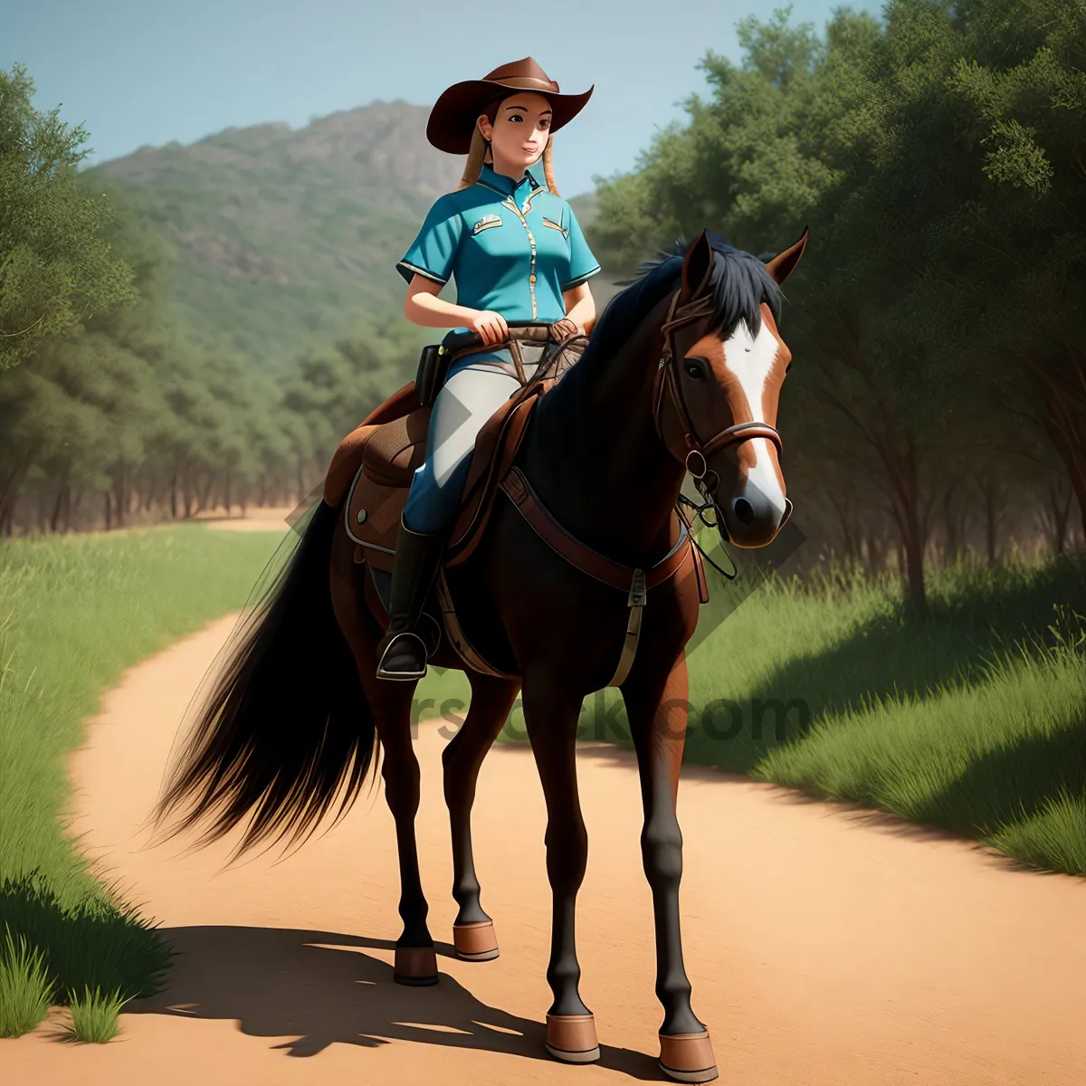 Picture of Brown Thoroughbred Stallion with Bridle in Field