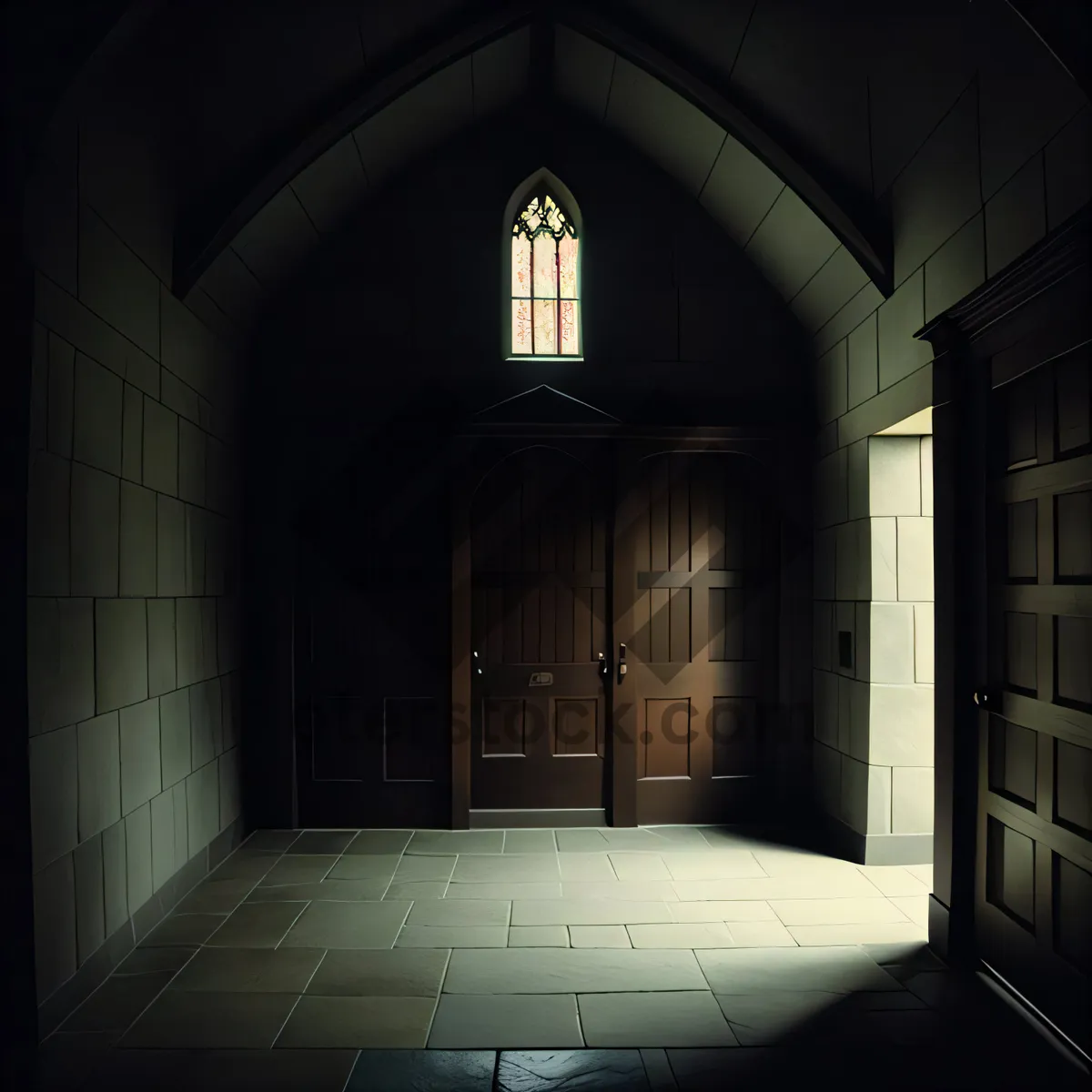 Picture of Ancient Cathedral Interior with Gothic Vaulted Ceiling.