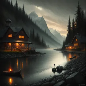 Lakeside Boathouse at Night