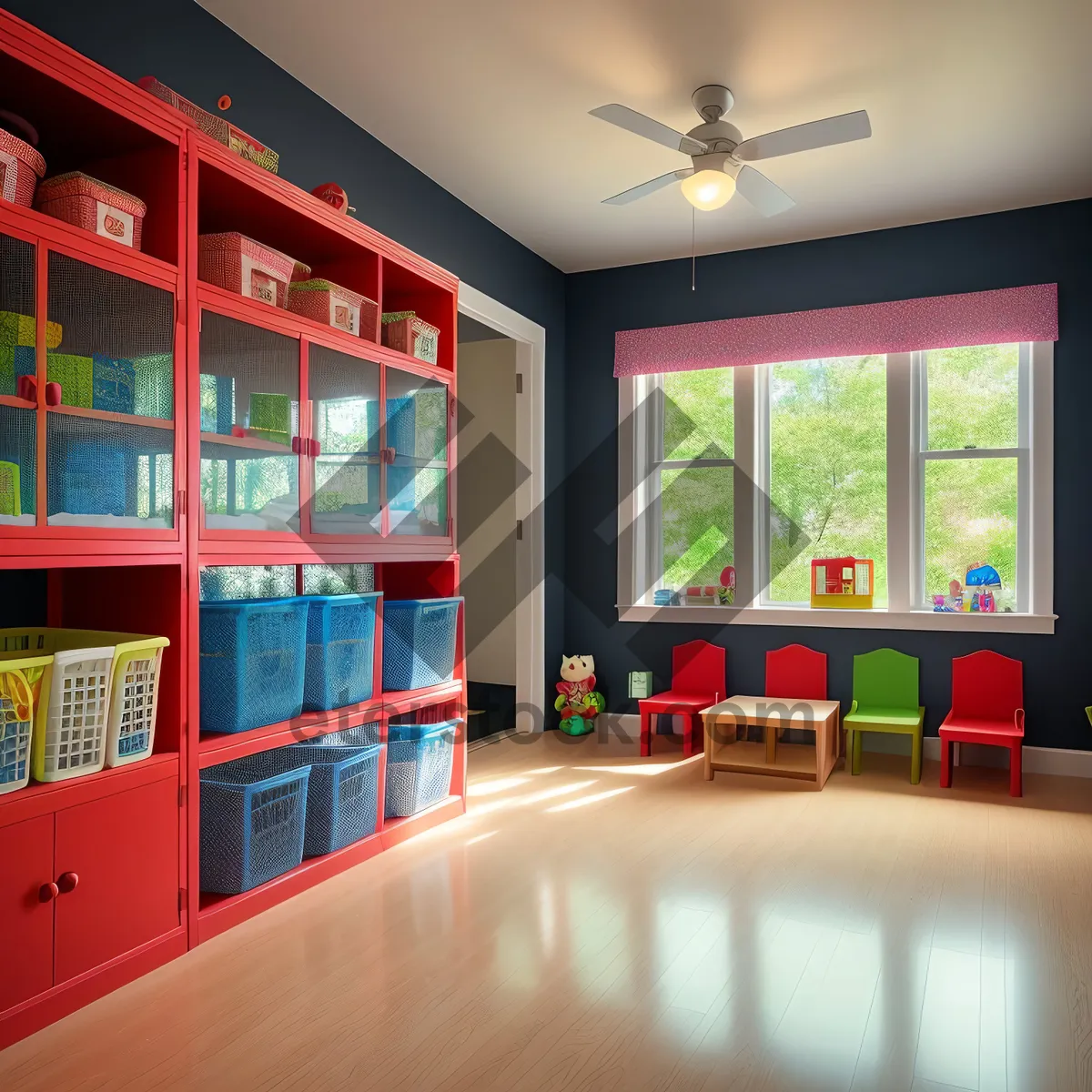 Picture of Modern Wood-Floor Library with Comfortable Sofa