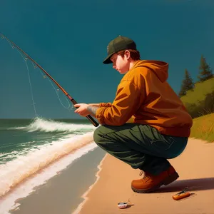 Active Fisherman with Fishing Gear by the Sea