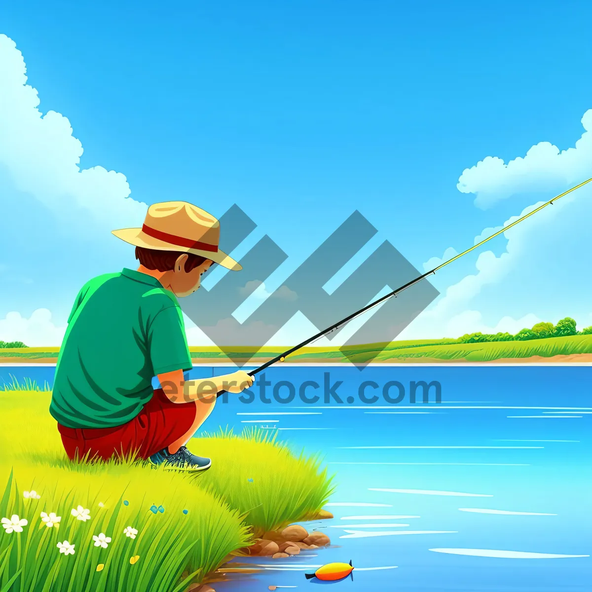 Picture of Joyful Fisherman Enjoying Sunny Summer Day by the Lake