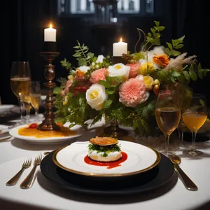 Elegant dining table setting with flowers and wine.