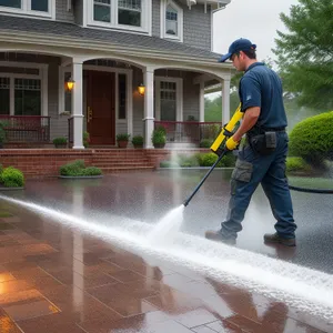 Active Man Cleaning Outdoors with Squeegee