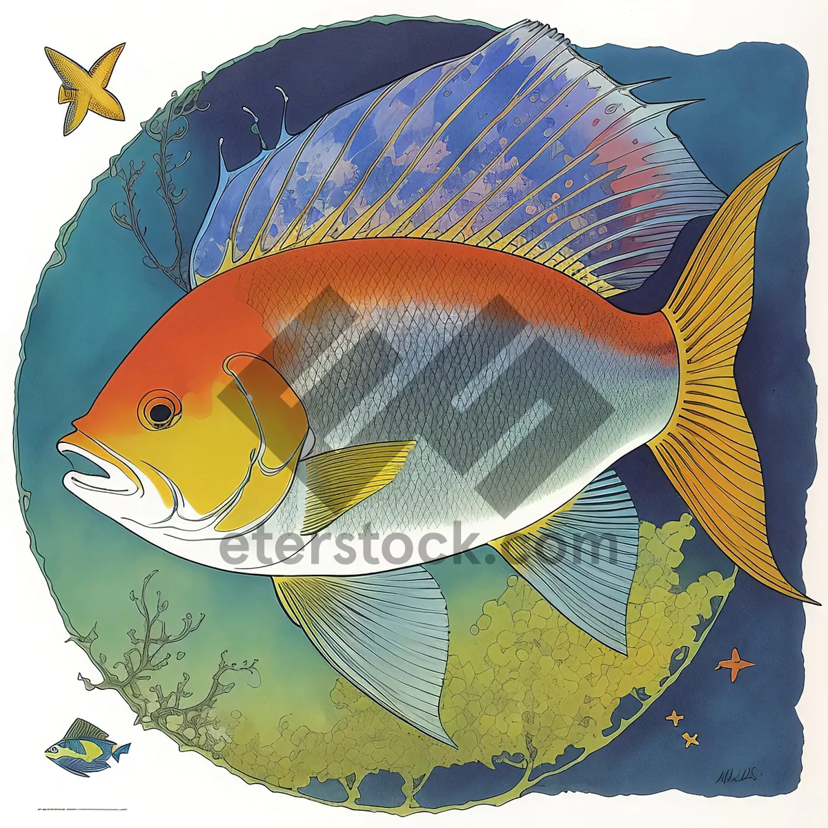 Picture of Tropical Fish in Orange Bonnet Swimming in Coral Reef