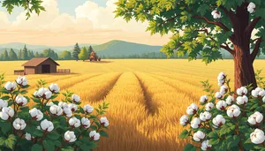 Summer landscape with sunny sky and green fields.