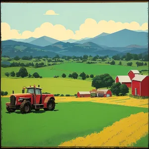 Rural Farm Landscape with Tractor on Meadow