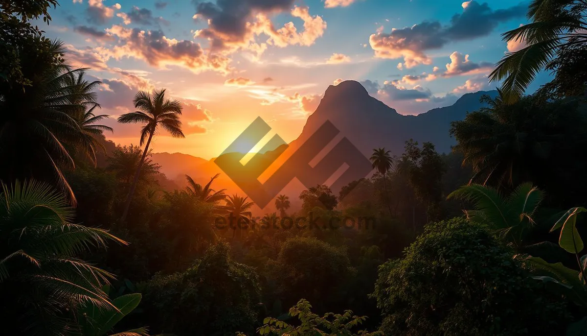 Picture of Silhouette tree and mountain against sunset sky.
