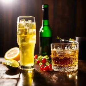 Golden wineglass on bar counter, celebration cheers