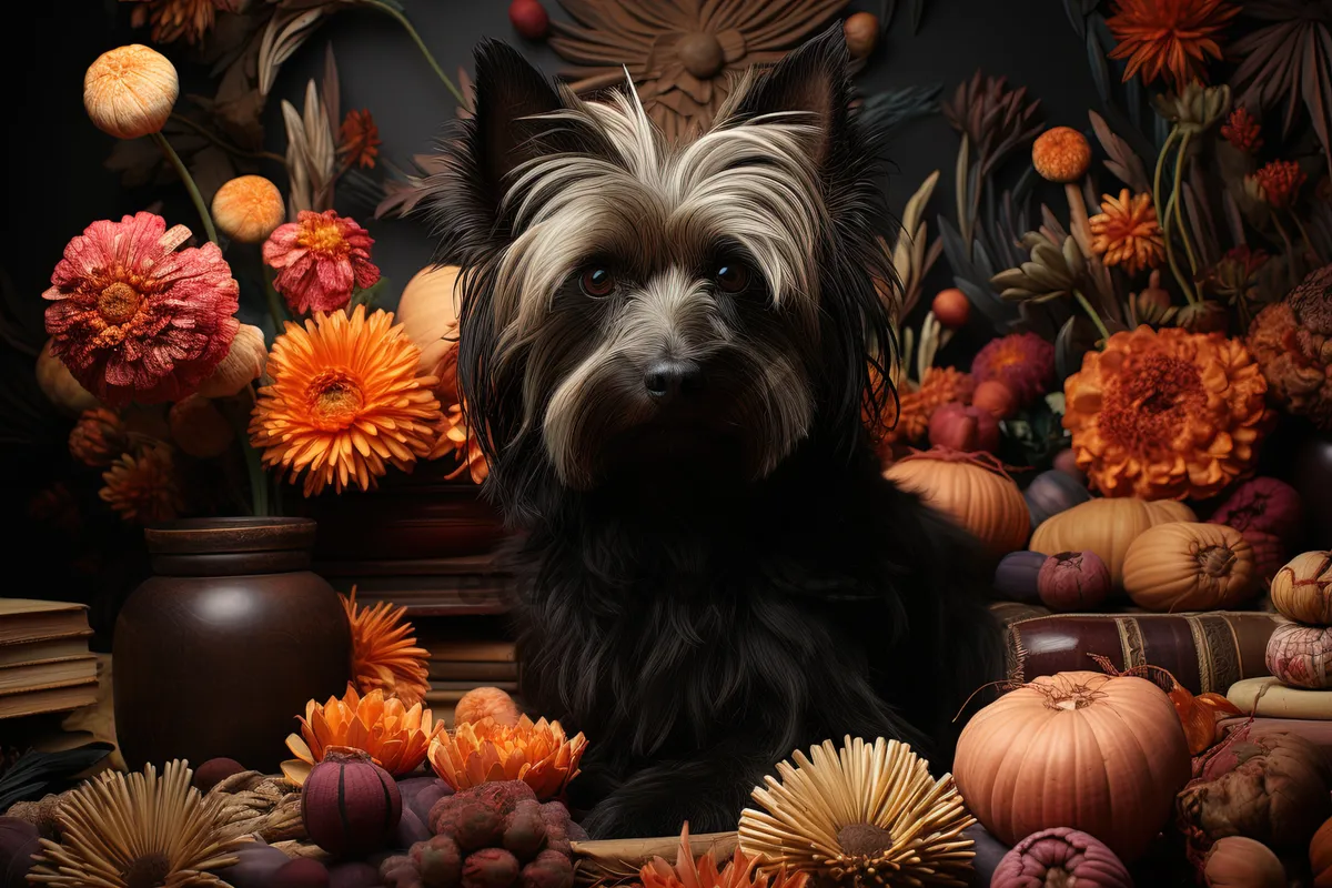 Picture of Autumn Pumpkin Patch Decoration with Terrier Dog