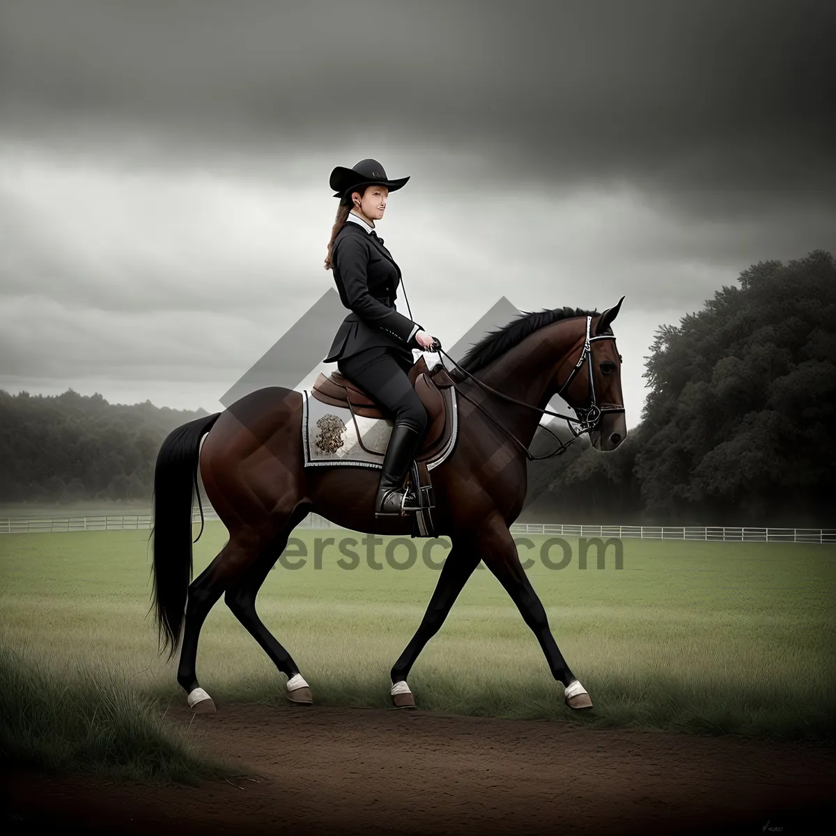 Picture of Dynamic Equestrian Action: Polo Player in Harness Riding Stallion with Mallet