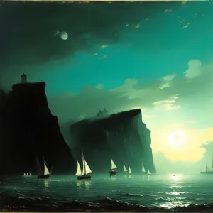 Sunset Paradise: Tranquil coast, celestial water, tropical sky.