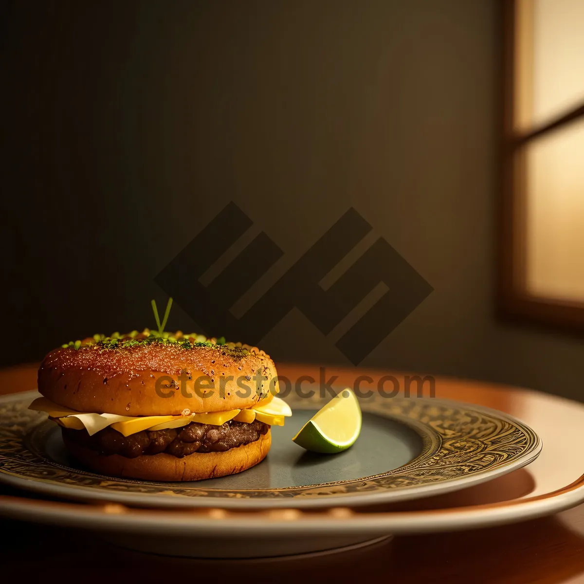 Picture of Delicious Cheeseburger Meal on Tabletop