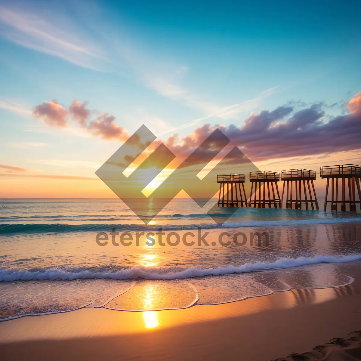 Picture of Golden Sunset over Pier at Tropical Beach