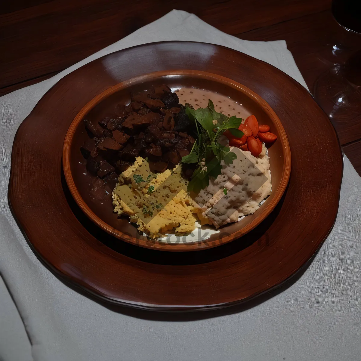 Picture of Healthy beef and vegetable bowl with rice and sauce.