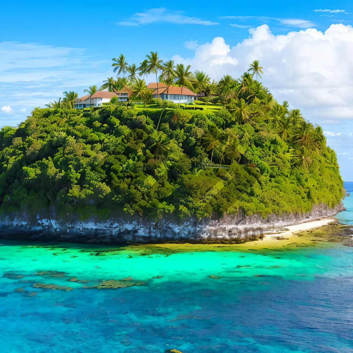 Picture of Serene tropical beach with white mangroves and turquoise waves.