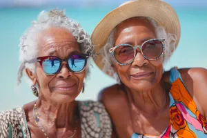 Happy couple enjoying summer beach vacation together at sunset