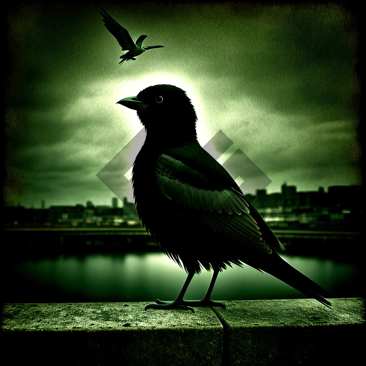 Picture of Magpie perched on black branch with feathered wings