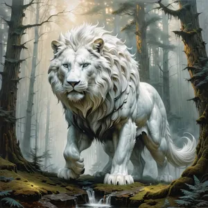 Majestic lion resting peacefully in the wild jungle.