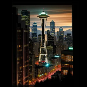 Nighttime skyline with illuminated skyscrapers in a modern city center.