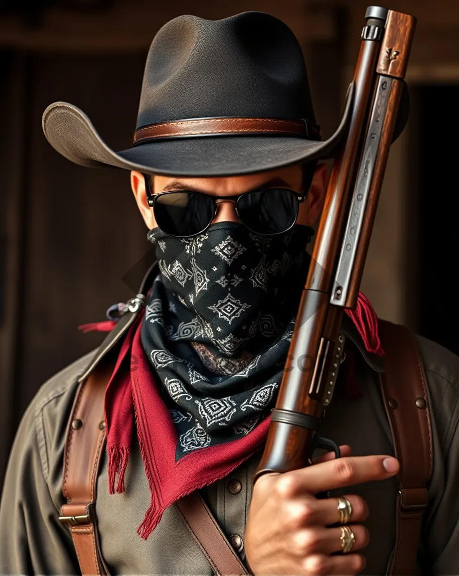 Picture of Male soldier in black armor with gun and sword