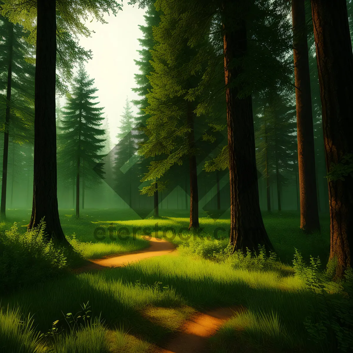 Picture of Sunlit woodland path in a scenic forest.