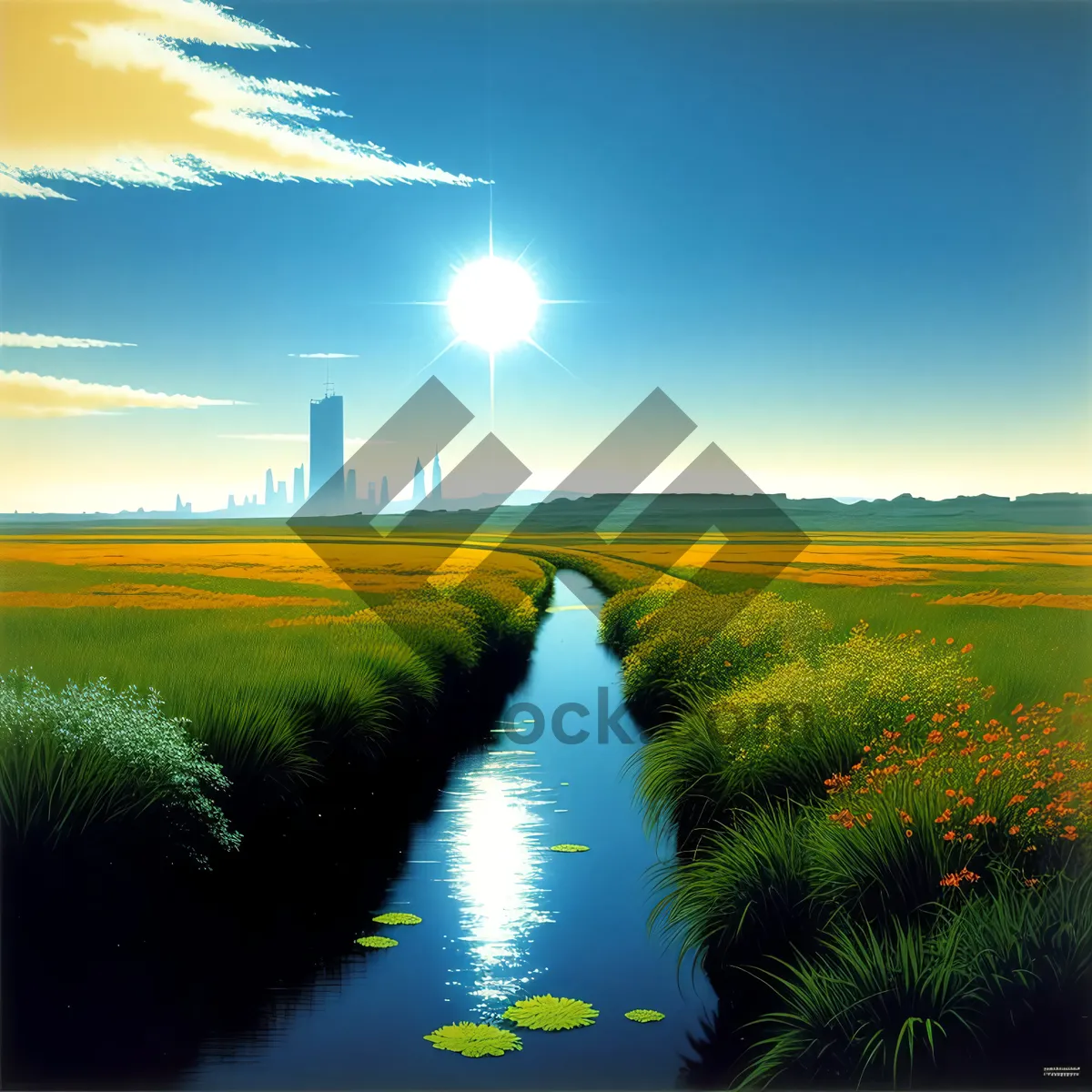 Picture of Serenity of Rural Sunset Over Meadow by Lake