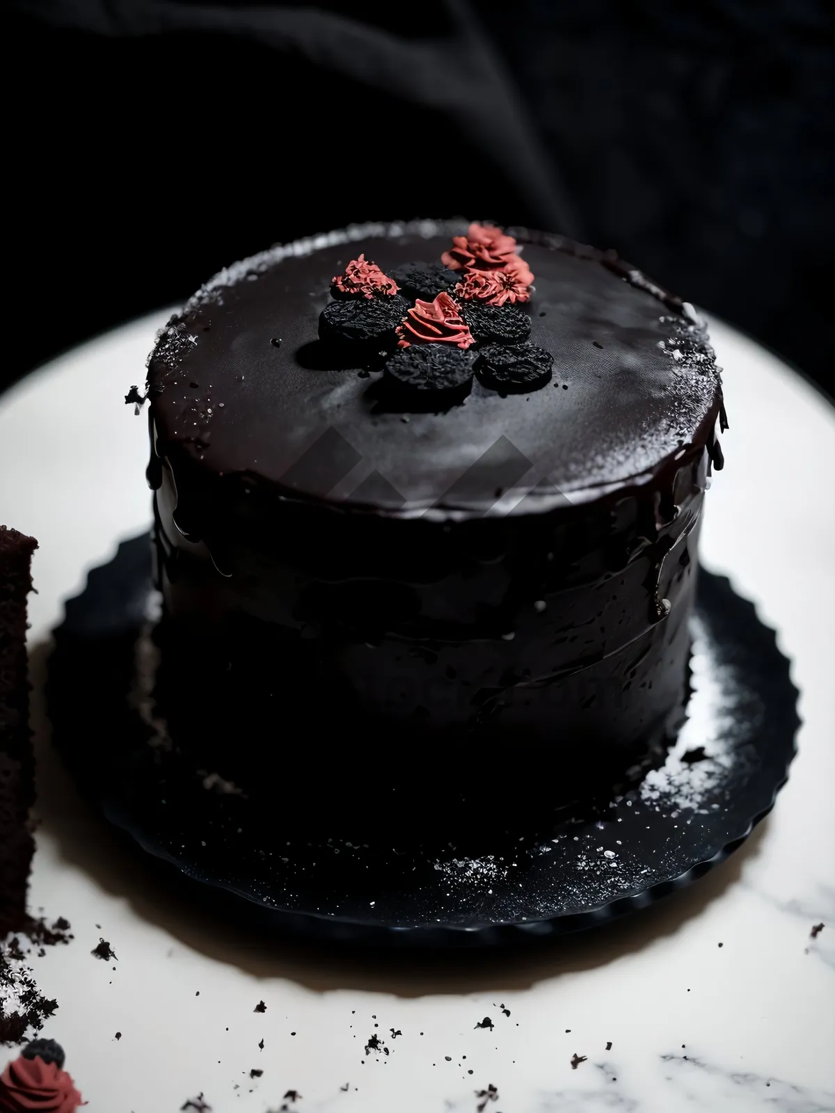 Picture of Delicious Fruit Cake with Chocolate Sauce and Berries