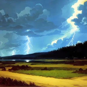 Golden Sunset Over Rural Meadow and Mountains
