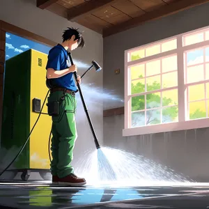Cleaner with man using cleaning equipment