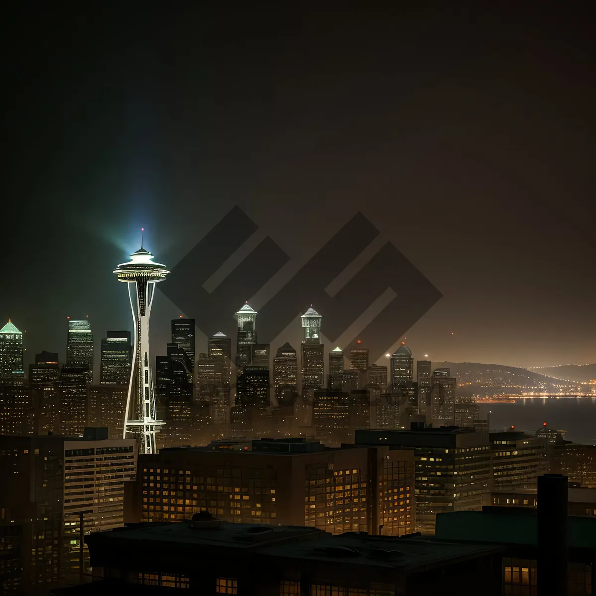 Picture of Nighttime Skyline Reflection on Waterfront