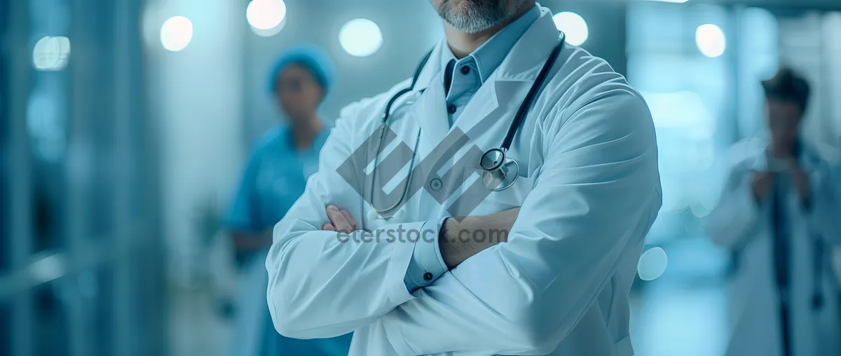 Picture of Happy male doctor in a hospital with stethoscope.