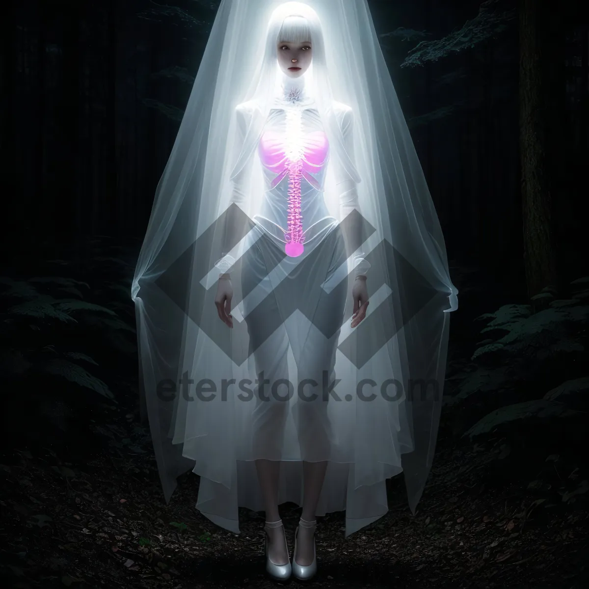 Picture of Bride in Wedding Dress with Mosquito Net Cradle