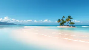 Tropical paradise beach sunset landscape with palm trees.