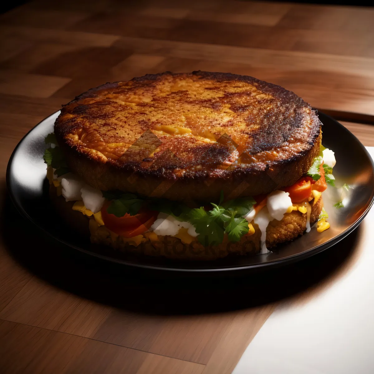 Picture of Delicious gourmet cheeseburger with healthy salad and vegetables.