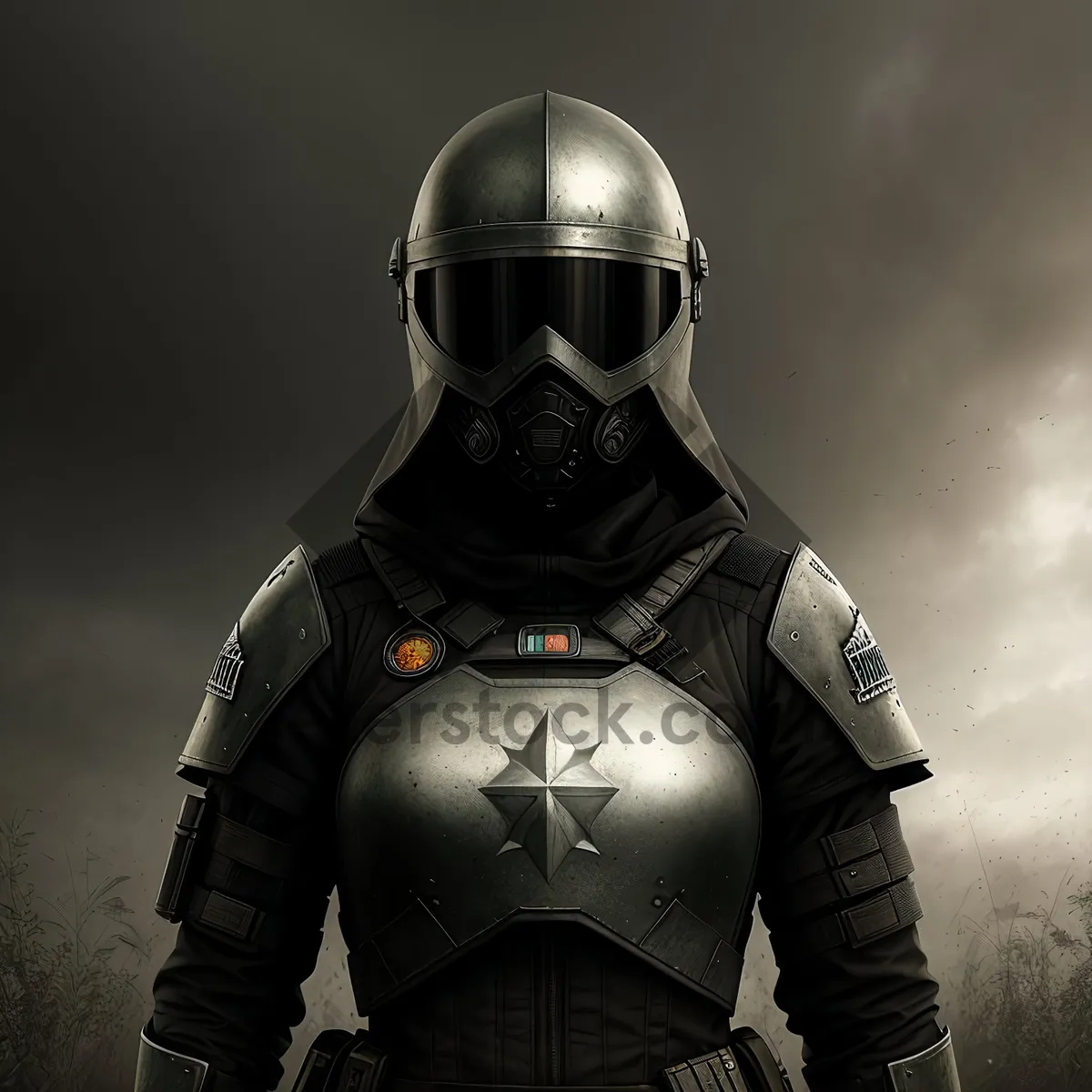 Picture of Warrior in Protective Military Helmet and Shield