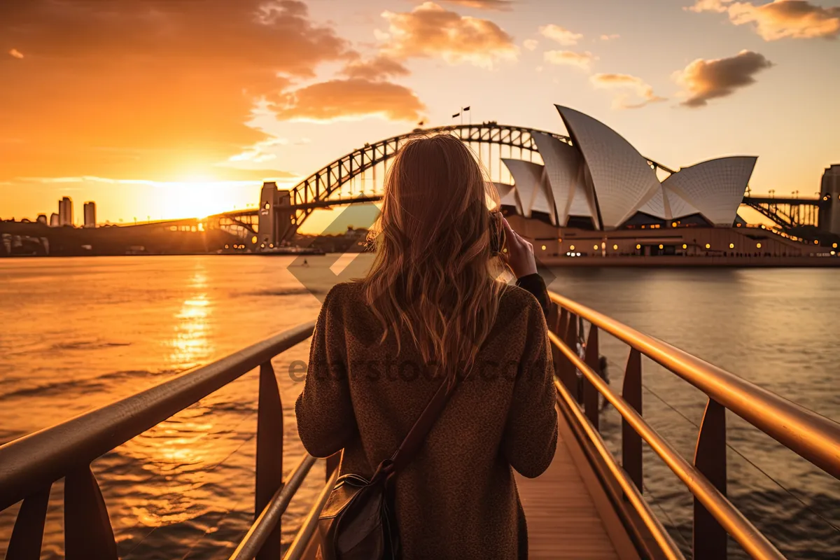 Picture of Silhouette of person on bridge at sunset.